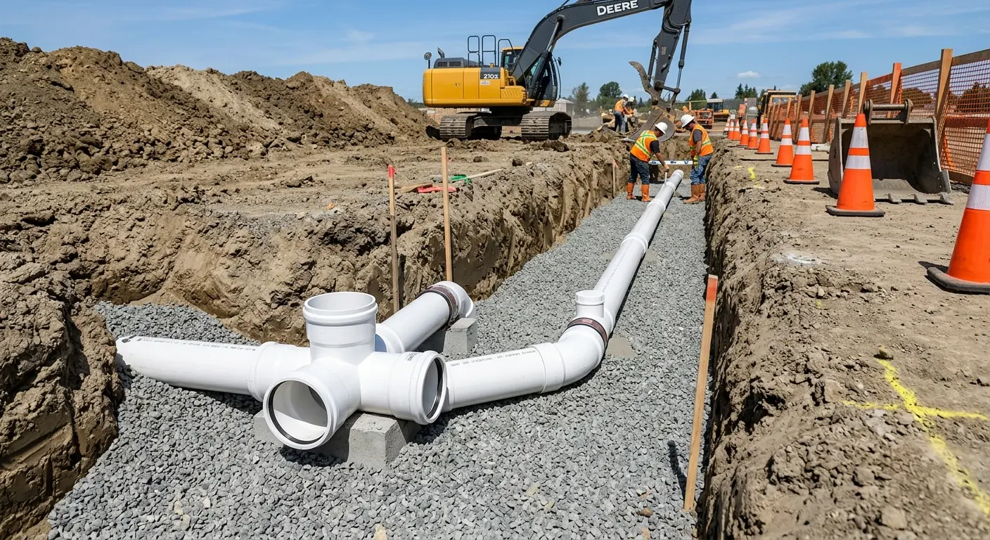 New PVC sewer pipe installation in open trench for Commercial Drain Cleaning in Three Lakes