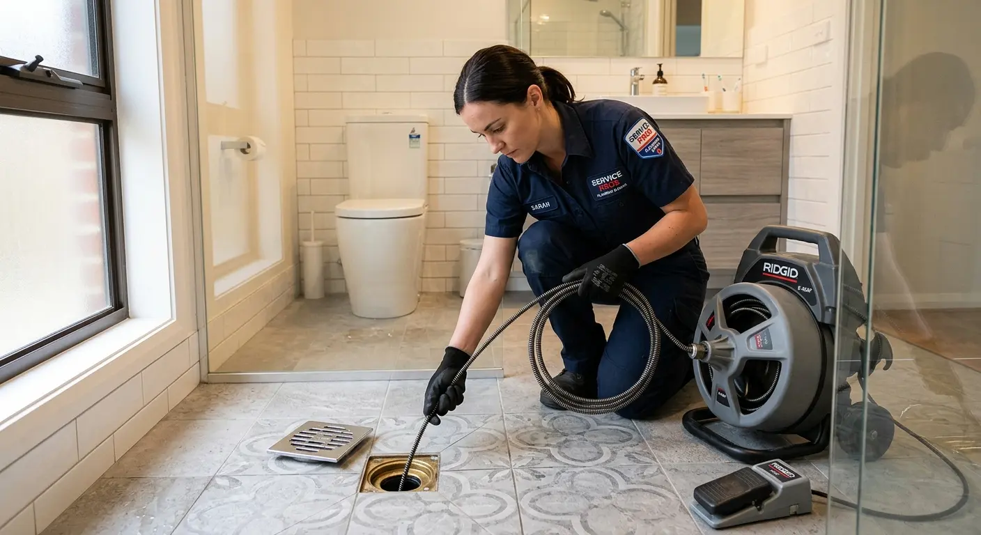 Technician clearing a bathroom floor drain for Hydro Jetting in Three Lakes